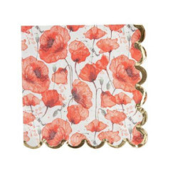 16 Serviettes Poppy Love Coquelicot Rouge Aquarelle et Or 33 x 33 cm - 3 Plis