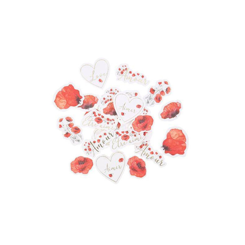 100 Confettis Poppy Love Coquelicot Rouge Aquarelle et Or De 3 à 4,5 cm