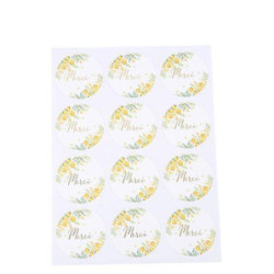 24 Stickers Merci Mimosa, Citrons, Feuillages et Or Diam 5 cm
